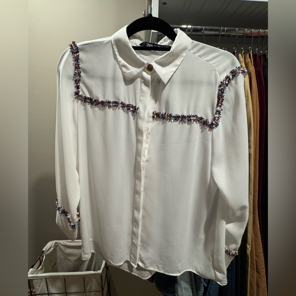 Zara White Button Down Shirt with Colorful Embellishments